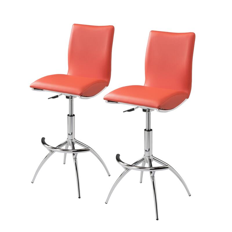 HomeRoots Set of Two Orange and Silver Faux Leather and Metal Low Back Adjustable Height Bar Chairs