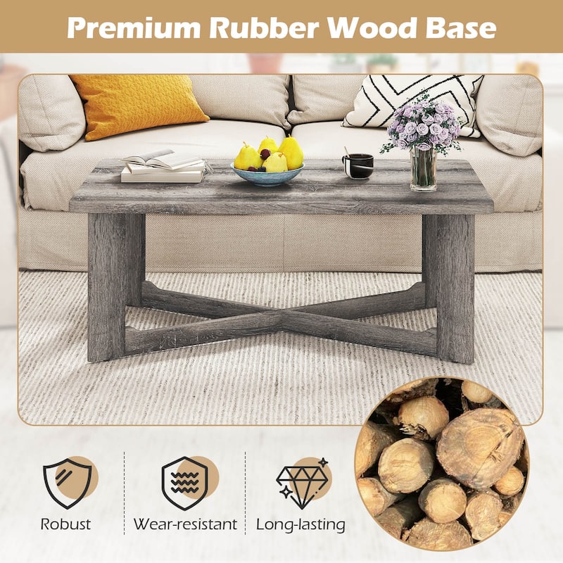 Gymax Coffee Table Solid Rubber Wood Center Table w/ X-Shaped Base for