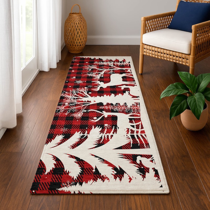 Premium Washable Super Soft Winter Reindeer Tree Mayfield Rug - Red - 2'3" x 7'6"