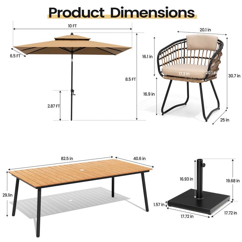 11PC Outdoor Patio Dining Set Aluminum Table with Rattan Chairs w/ Market Umbrella Sets