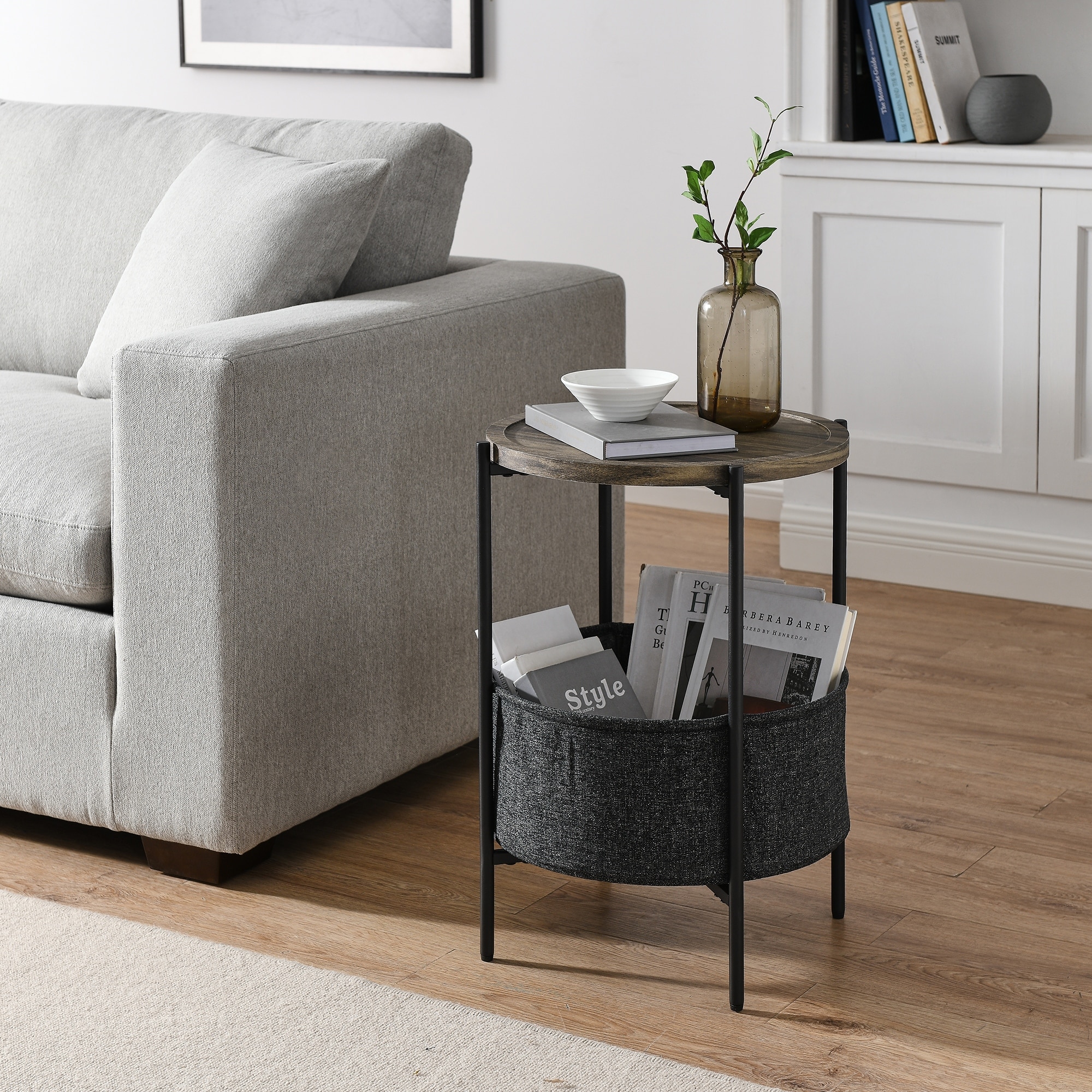 Modern Accent Table with Storage Basket, Cloth Bag and Brown - 35149025