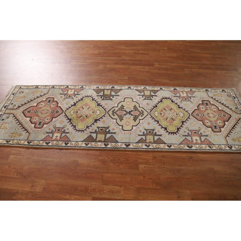 Geometric Beige Kazak Indian Runner Rug Handmade Wool Carpet - 2'5"x 7'8"