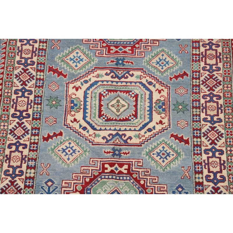 Light Blue Geometric Kazak Area Rug Hand-Knotted Wool Carpet - 4'0" x 5'10"