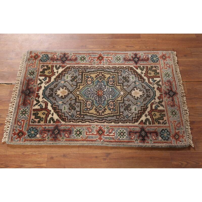 Geometric Heriz Serapi Indian Accent Rug Handmade Gray Wool Carpet - 2'0"x 3'0"