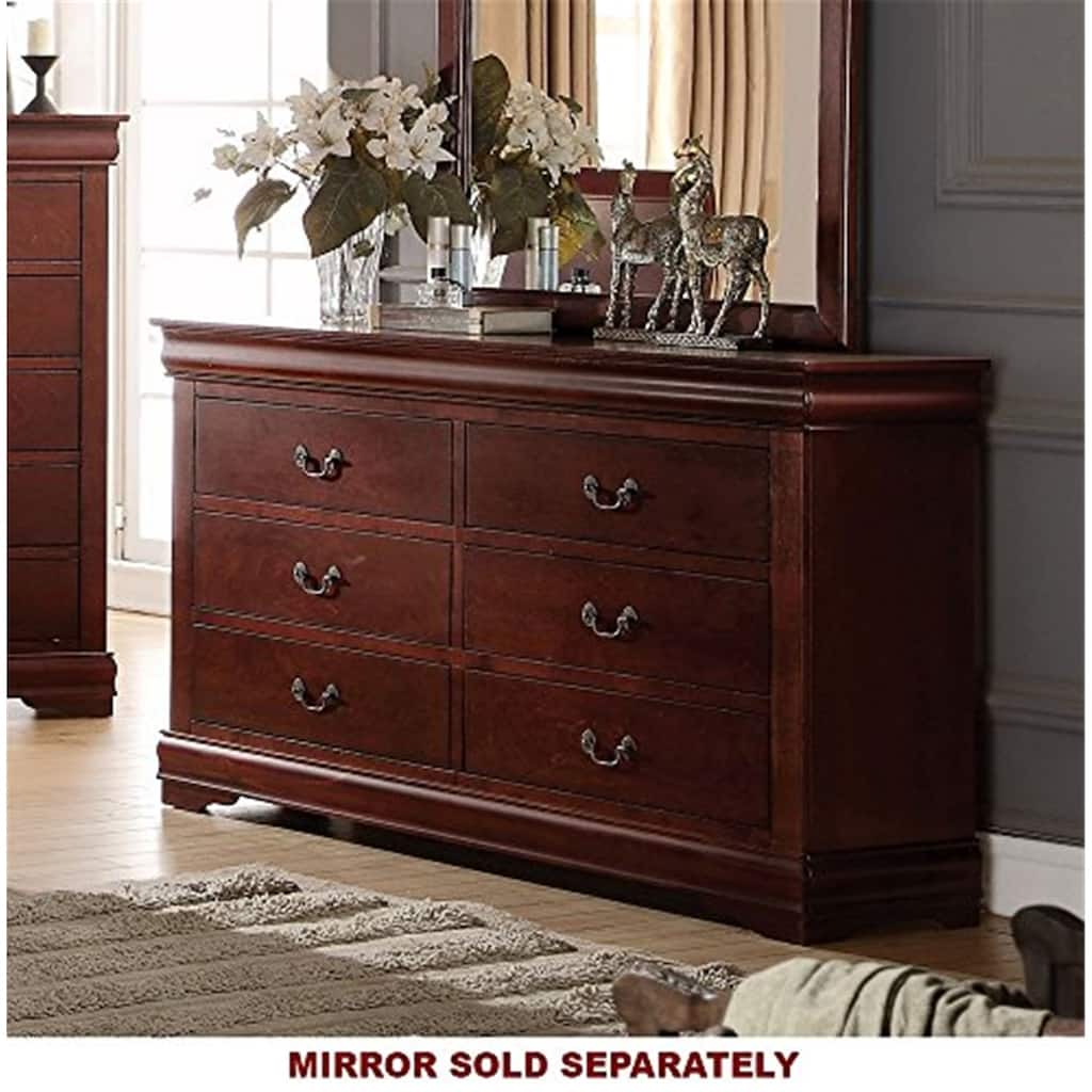 Art Deco Dresser Cherry Finish, 6 Drawer Solid Wood Chest of Drawers, 57" Wide