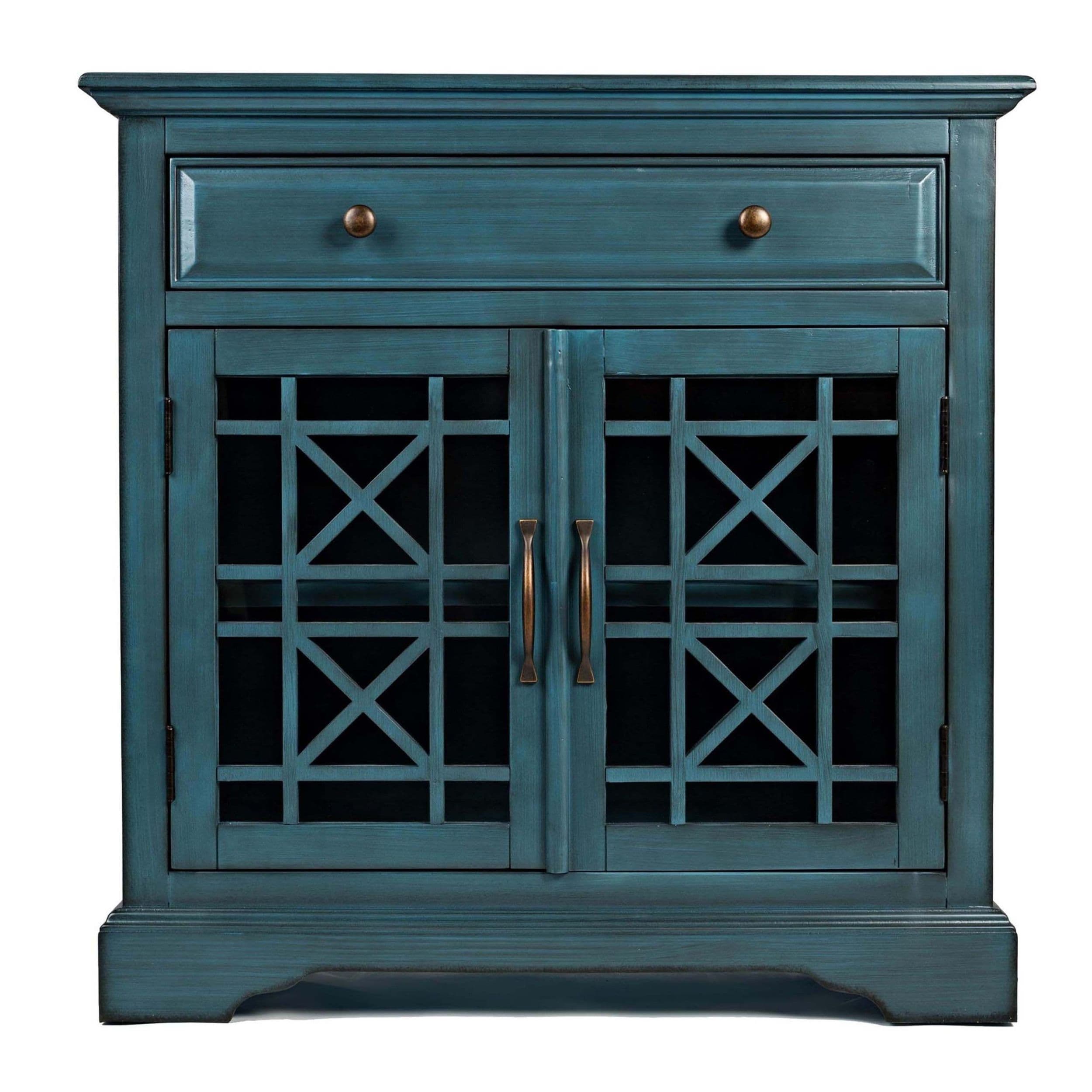 Blue 32 Inch Wooden Accent Cabinet with Fretwork Glass Front Bed