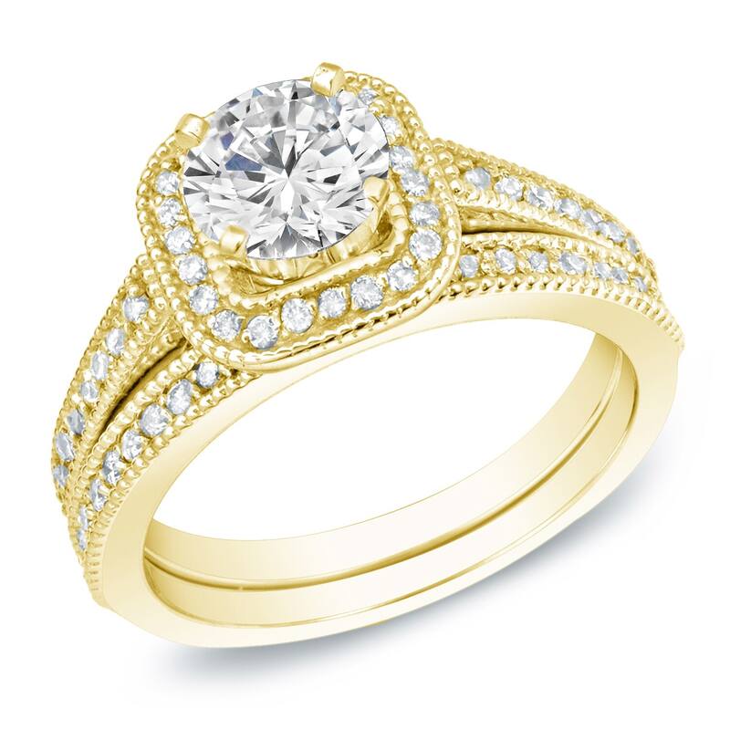 Auriya 14k Gold 1ctw Vintage Halo Diamond Engagement Ring Set - Yellow - 4