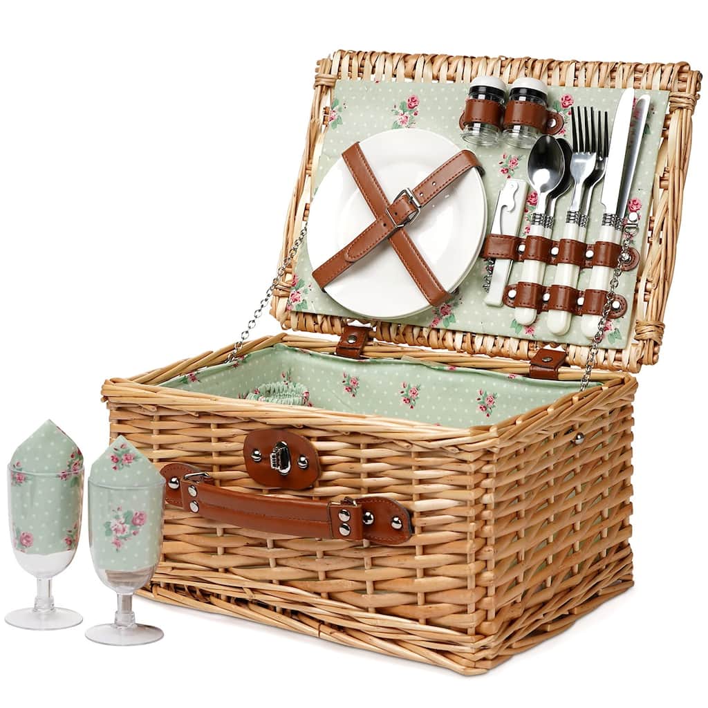 Wicker Picnic Basket for 2, Handmade Willow Hamper Basket Sets 2 Person Picnic Basket with Utensils Cutlery Perfect