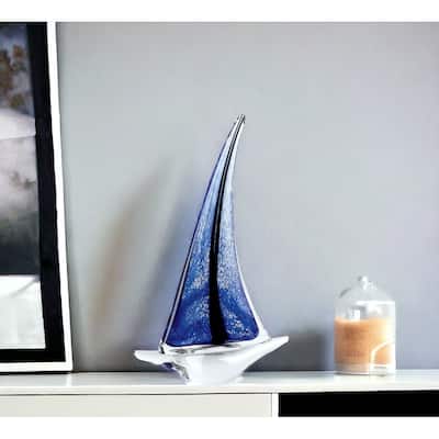 HomeRoots 9" Clear and Blue Murano Glass Modern Abstract Tabletop Sculpture - 3' X '9' X '13.5