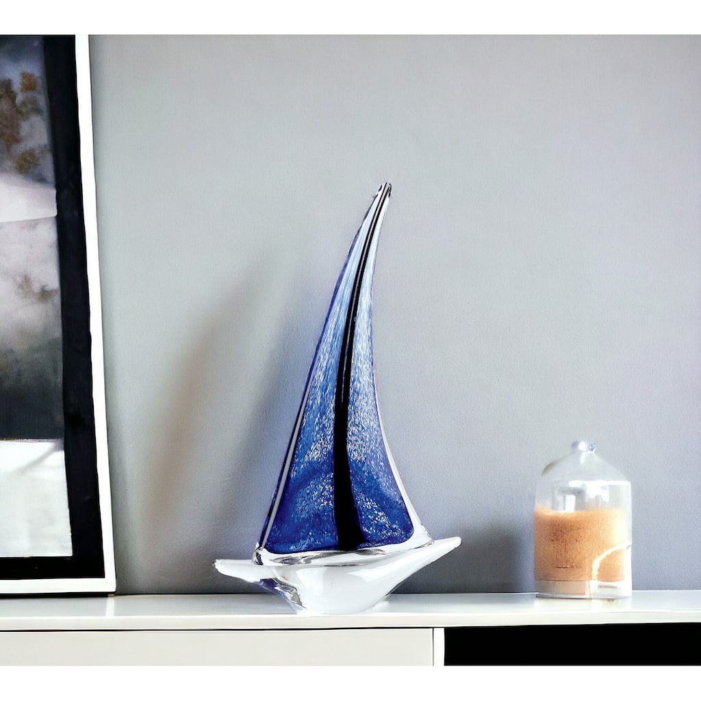 HomeRoots 9" Clear and Blue Murano Glass Modern Abstract Tabletop Sculpture - 3' X '9' X '13.5