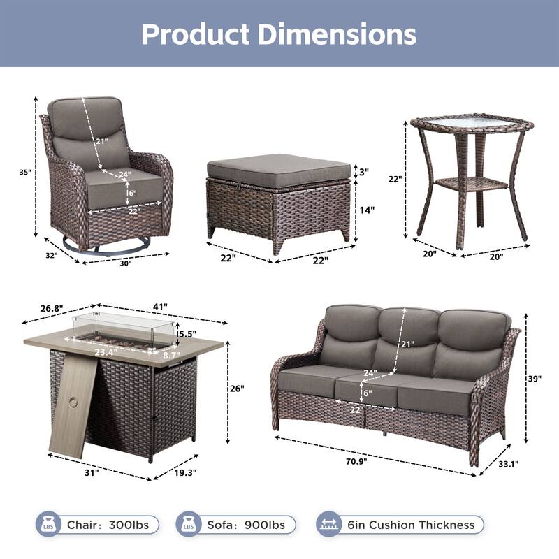 Meyreso 7-Piece Wicker Outdoor Patio Fire Pit Conversation Set with 6-Inch Thick Cushions