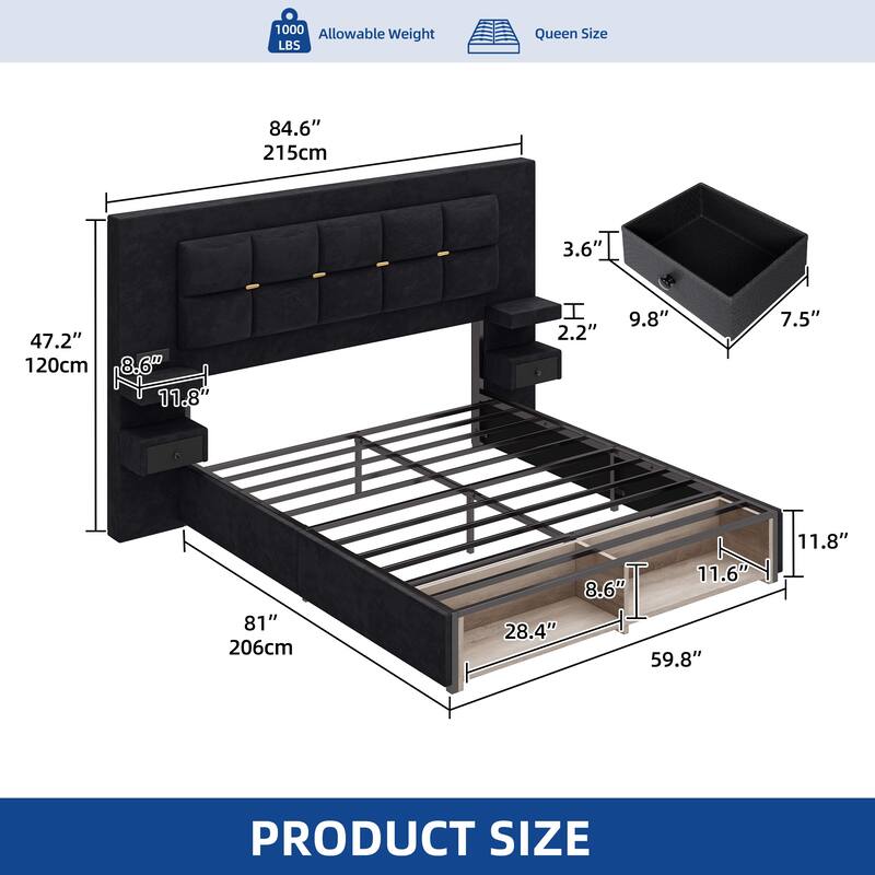 Moasis Queen Size Luxury Velve Bed Frame with Upholstered Oversize Headboard and LED Lights and Charging Station