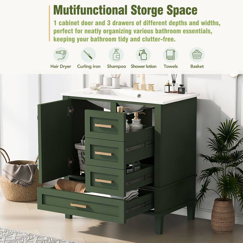 Single Sink Bathroom Vanity Cabinet, Vanity Base & Ceramic Sink Combo Set, 3 Drawers Bathroom Storage Cabinet, 30 Inch - Dark Green - 30 Inch