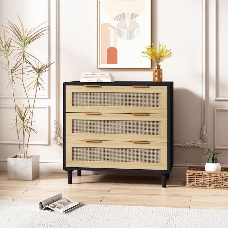 31.50" Width 3-Drawer Rattan Storage Cabinet - Black+Natural - 3-drawer