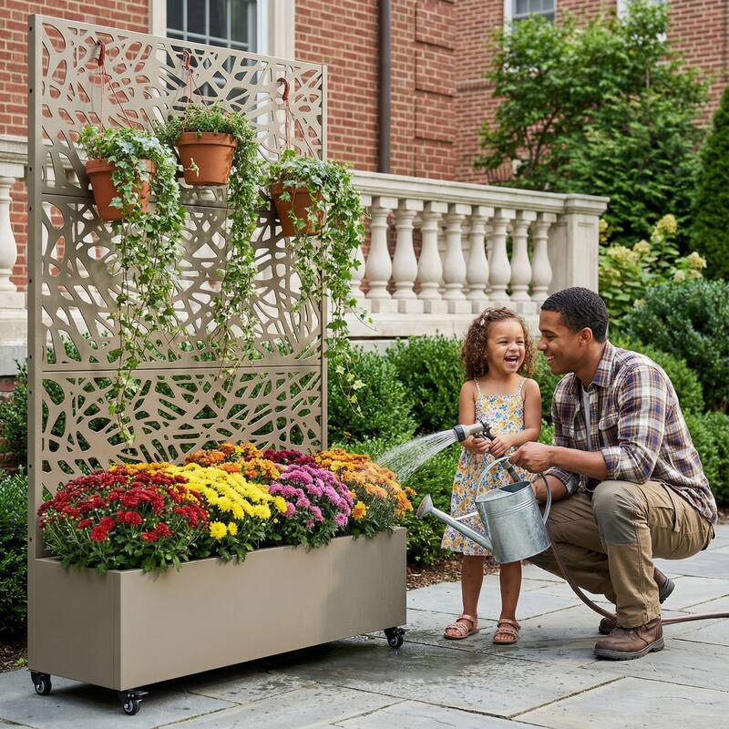 Metal Galvanized Planter Box with Trellis Privacy Screen Lockable Wheels