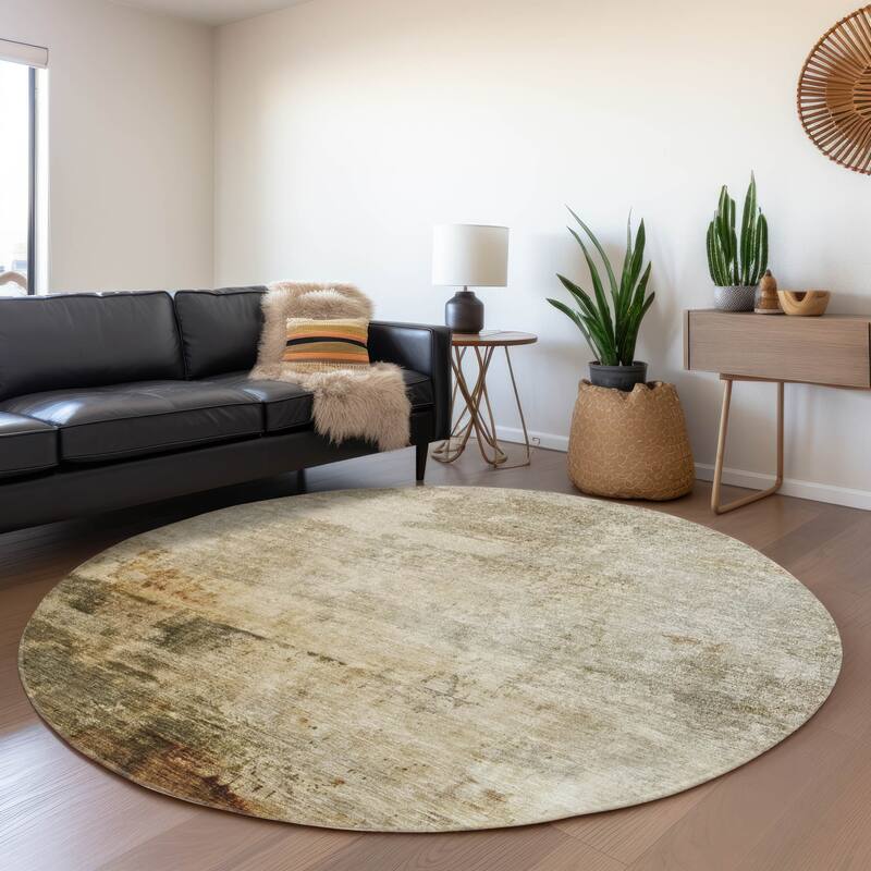 Machine Washable Indoor/ Outdoor Abstract Contemporary Chantille Rug - Linen - 8' x 8'