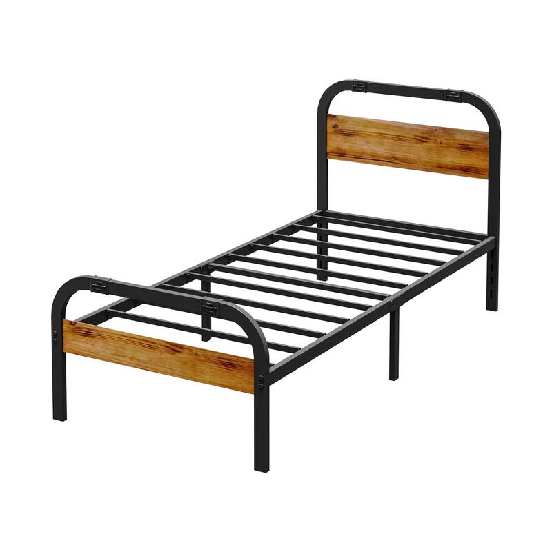 Industrial Platform Bed with Strong Metal Support, Wooden Headboard and Footboard