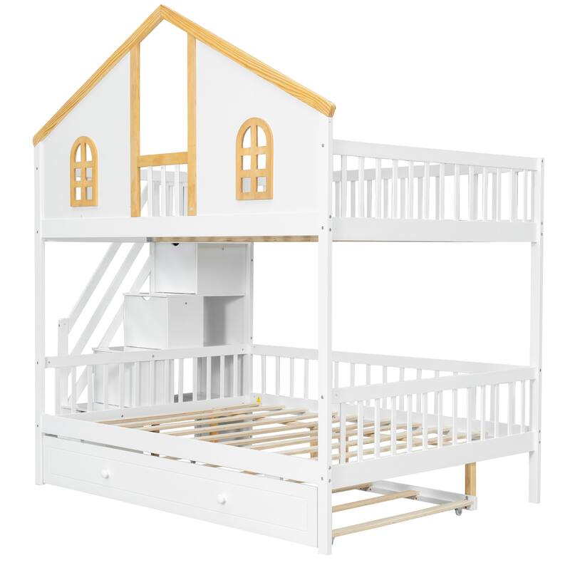 Fairytale Bunk Bed with Window Door House-shaped Roof Frame and Storage Staircase, Optional with Storage Drawers or Trundle Bed