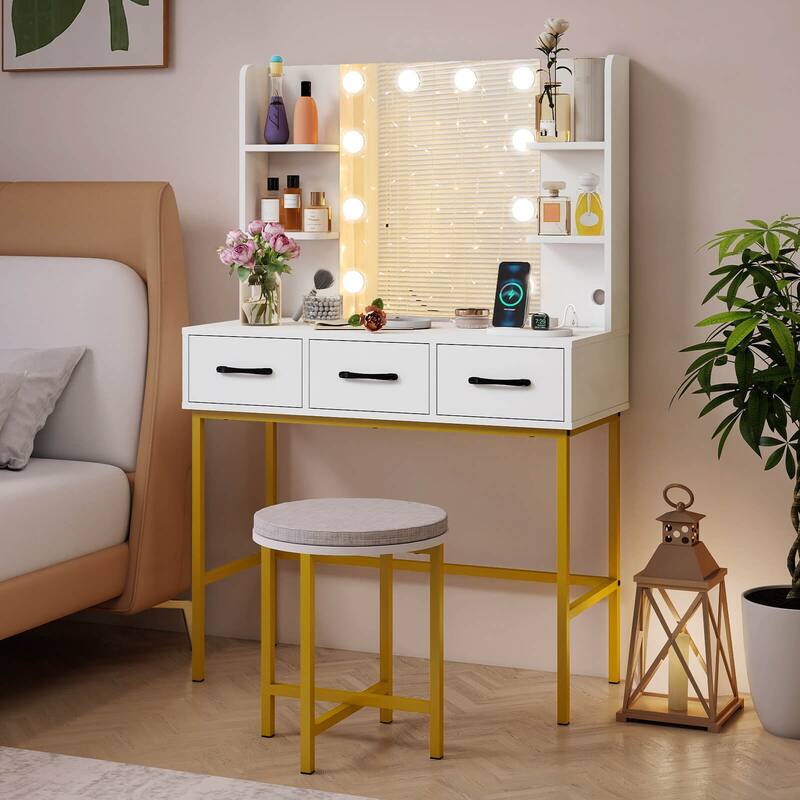 Costway Vanity Desk with Mirror Lights Power Outlets 4 Open Shelves 3 - See Details