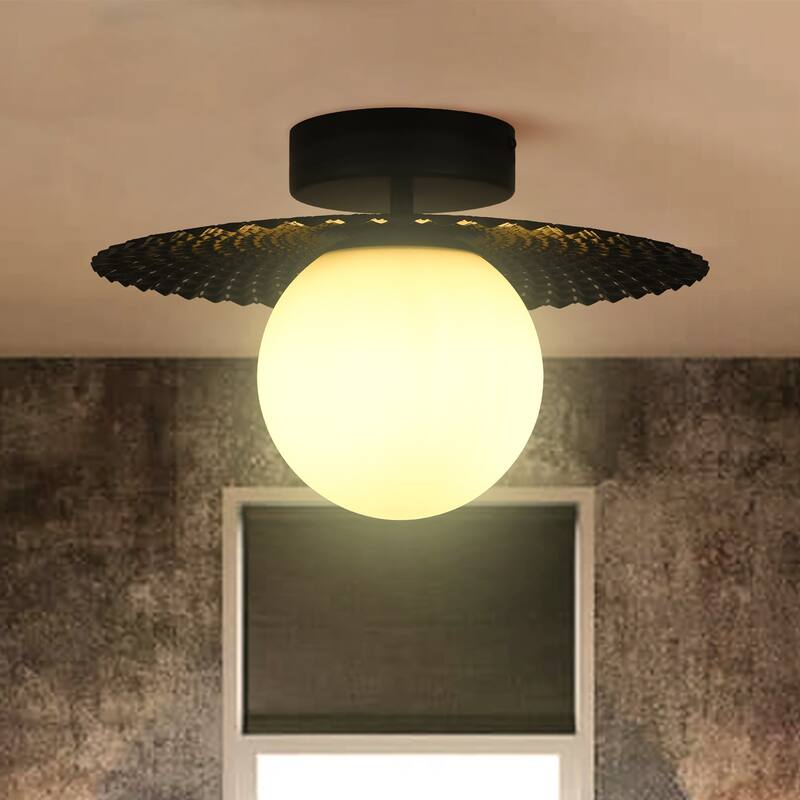 1-light Semi Flush Mount Light with White Globe