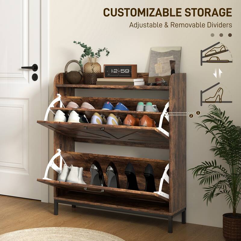 12-Pair Space-Saving Shoe Storage Cabinet with Adjustable Dividers and Flip Drawers Anti-Tip - 29.5" W x 9.4" D x 37" H