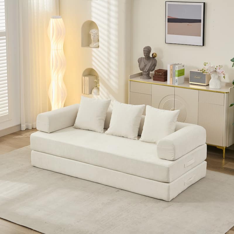 Chenille Floor Sofa Bed - Foldable Mattress Couch with Armrests, Convertible Lounge Chair for Living Room, Bedroom or Studio