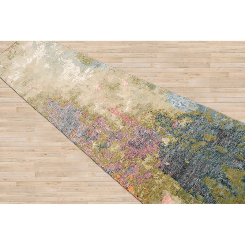 Hand Knotted Beige Sherpa Wool & Silk Modern Oriental Area Rug - 2' 5'' x 12'