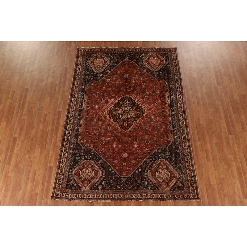 Hand Knotted Oriental 100% Wool Carpet Traditional Medallion Red Shiraz Area Rug - 9' 10'' X 6' 11''