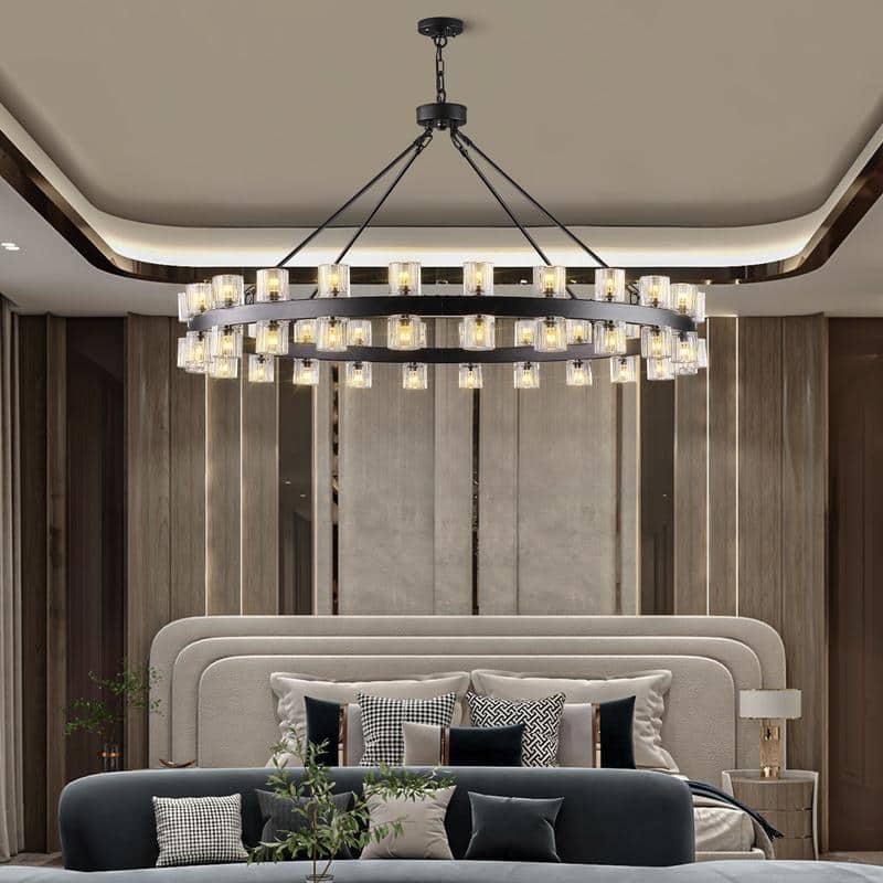 KAYLA Wagon Wheel Chandelier With Crystal Shade - Chain/48in-30Light - Black