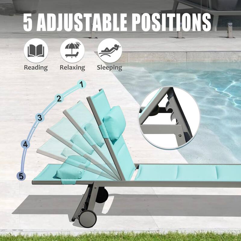 Outdoor Aluminum Patio Chaise Lounge Set of 3 with Side Table and Wheels, Padded Adjustable Recliner for Poolside, Beach
