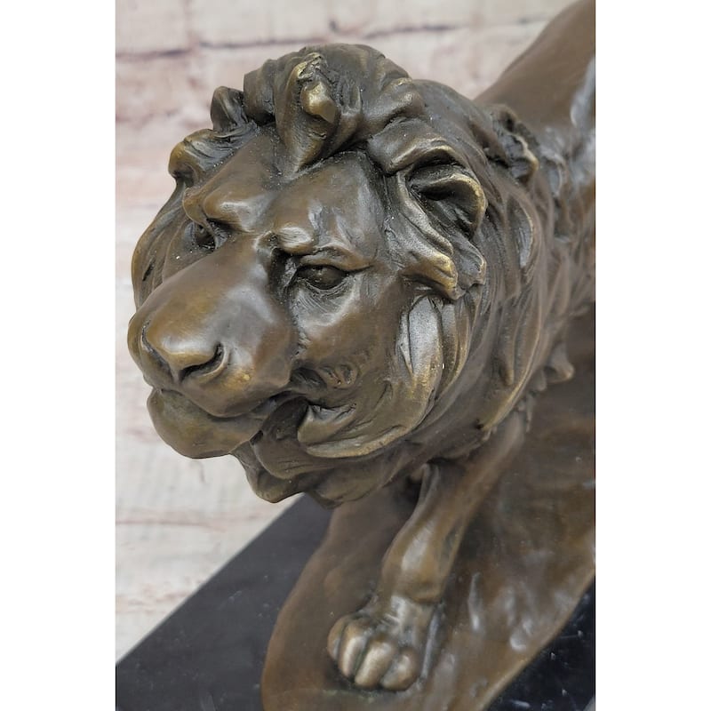 Walking Imitative Lion Bronze Sculpture Statue Figure On Marble Base Signed Milo