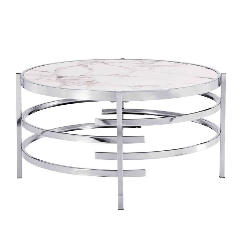 32.48'' Chrome Round Coffee Table With Sintered Stone Top&Sturdy Metal Frame, Modern Coffee Table