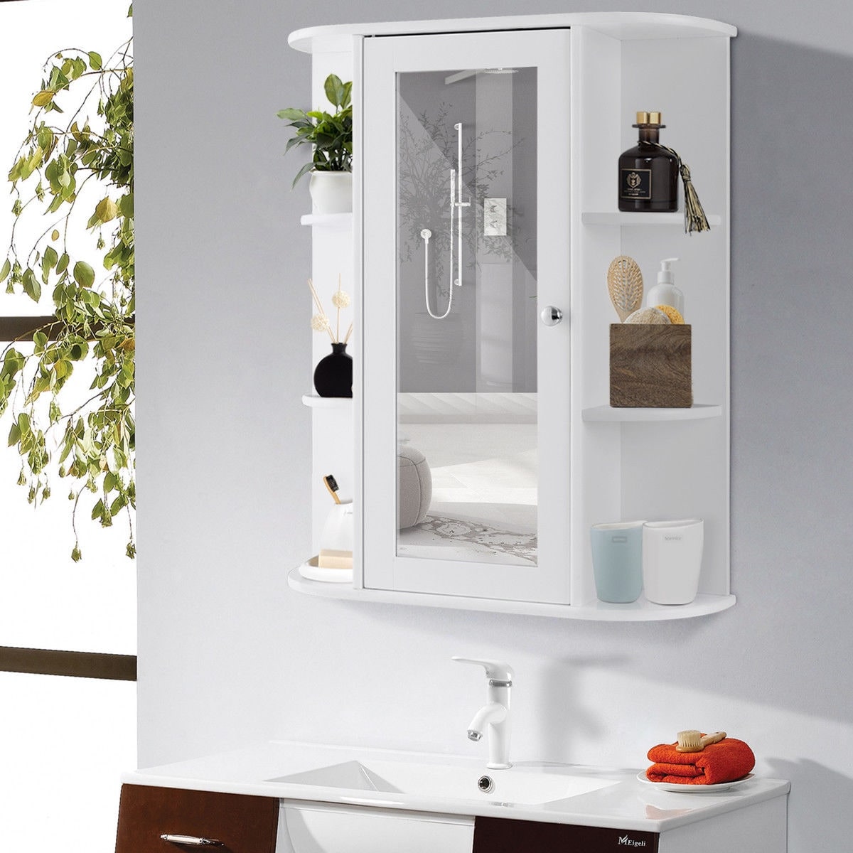 Gymax Bathroom Wall Storage Cabinet Double Doors Shelves Kitchen