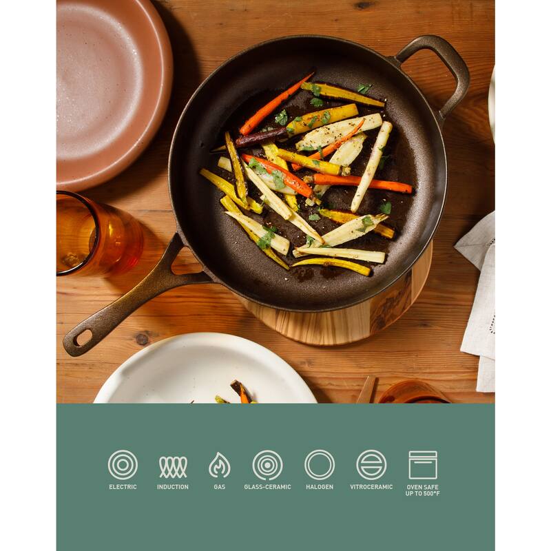 Bloomhouse Natural Bronze Finish Pre-seasoned Cast Iron Grill, Everyday Pan, Skillet & Olive Wood Trivet