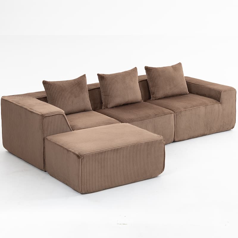 Modular Sleeper Sofa Bed Corduroy L-shaped Sectional Sofa with Chaise Floor Standing Multi Person Compressed Sofa with Ottoman - Brown