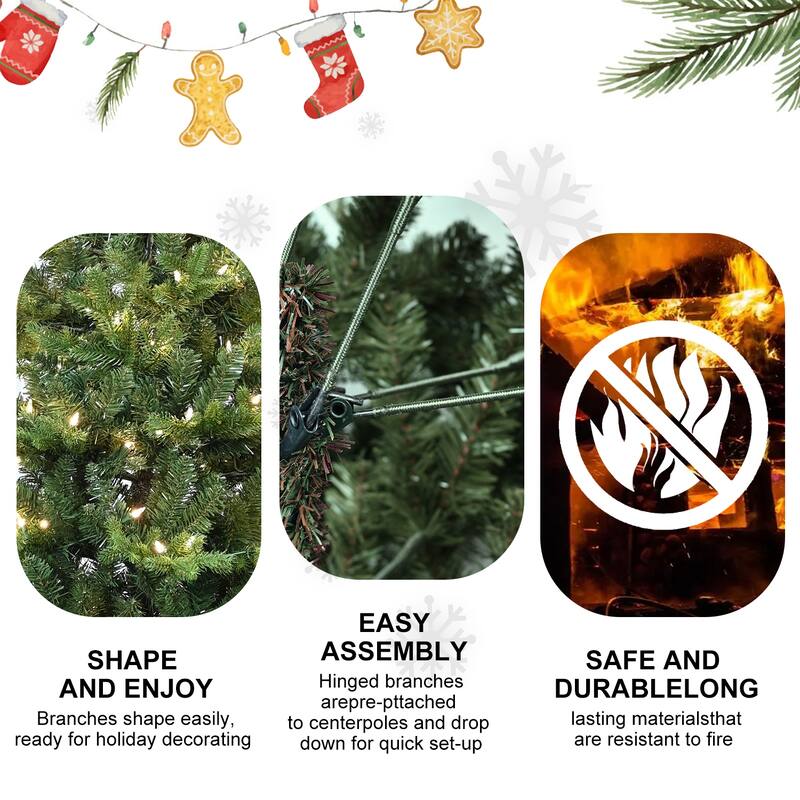 7.5FT Green PVC+PE Christmas Tree with 450 Warm White UL Lights-2856Tips, Hinged Branch Design, Realistic Needles
