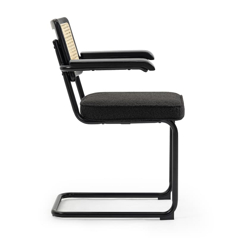 Set of 2 Azra Black Boucle Dining Chair with Rattan Backrest and Black Iron Legs