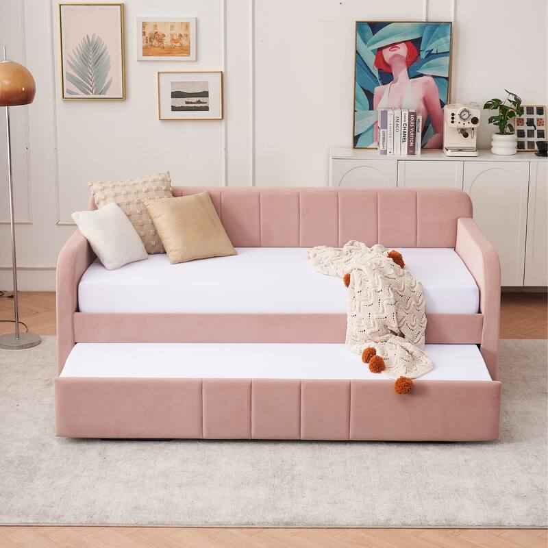 Twin Size Velvet Upholstered Daybed, Wood Sofa Bed Frame Daybed Couch with Trundle Bed and Wood Slat