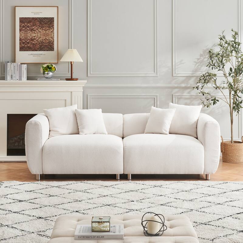 89 inch 3 Seater Sofa with Metal Legs, Solid Wood Frame, 4 Pillows, Cotton Linen, White - Multi-Color