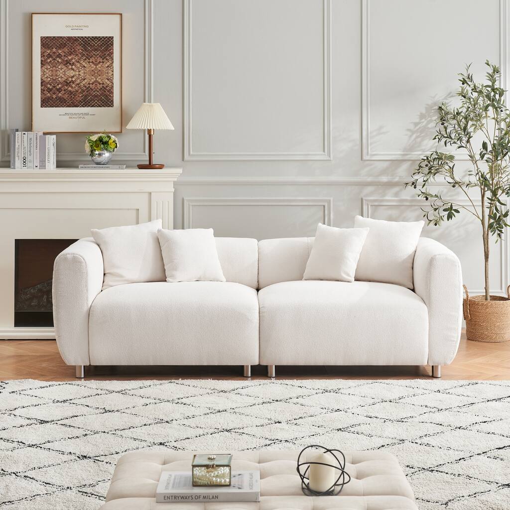 89 inch 3 Seater Sofa with Metal Legs, Solid Wood Frame, 4 Pillows, Cotton Linen, White