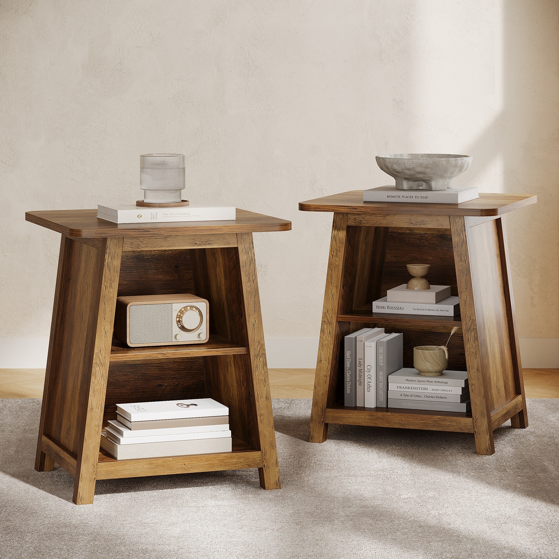 22-inch Farmhouse 3-tier End Table with Open Storage Shelves and Closed Back