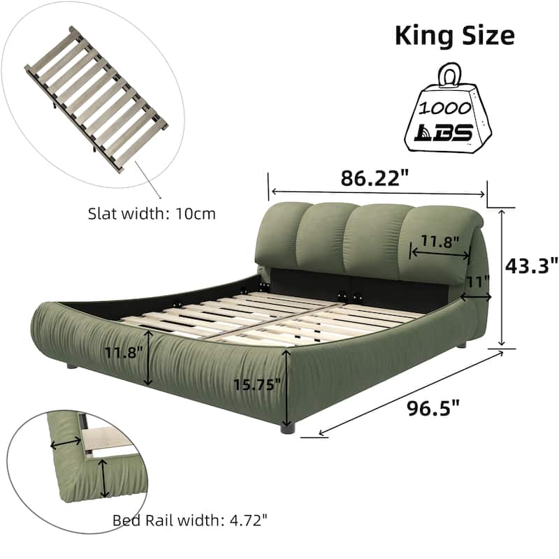 King Size Upholstered Bed Frame with Extra-Wide Cushioned Headboard, Solid Pine Slats & Adjustable Mattress Height