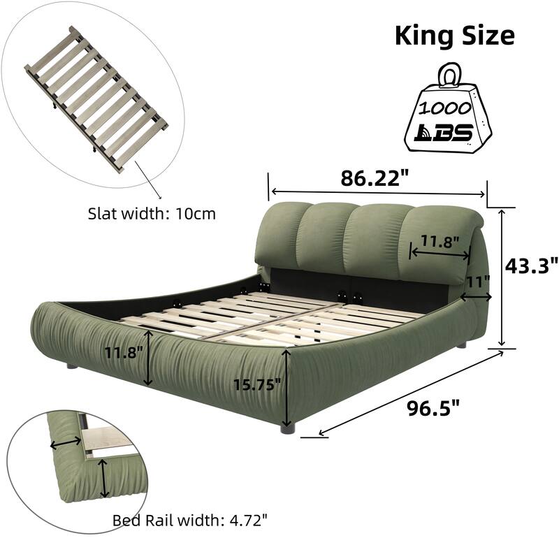 King Upholstered Platform Bed with Oversized Padded Backrest, Solid Wood Frame, suitable for Multiple heights of mattresses
