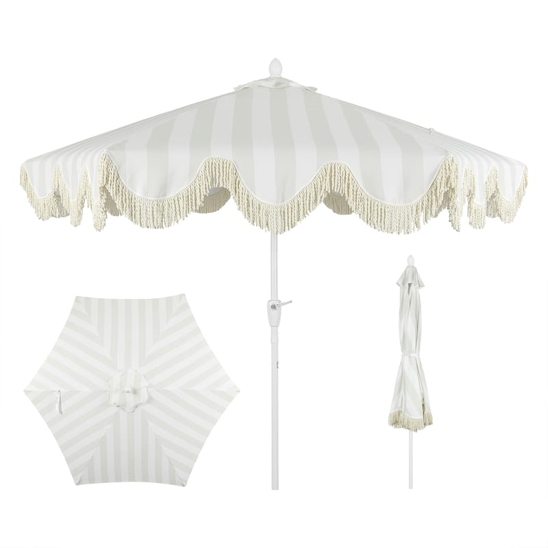 9ft Tassel Patio Umbrella Auto-Tilt, Crank , by JONATHAN Y