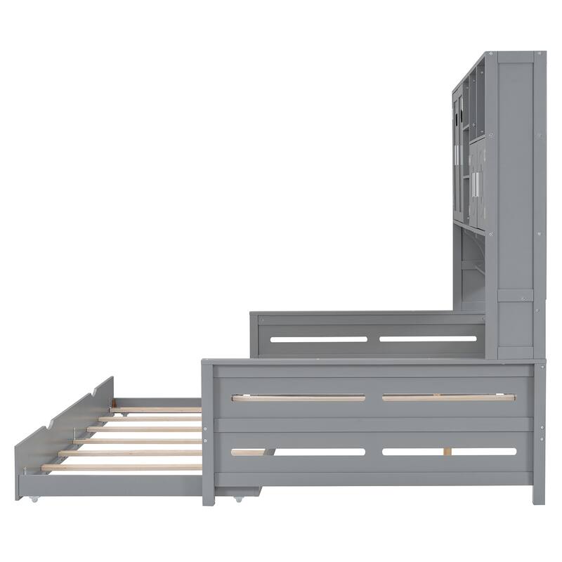 Full Size Wood Daybed with Built-in Storage Cabinet, Open Shelves & Twin Trundle Bed, Space-Saving Multi-Functional Frame
