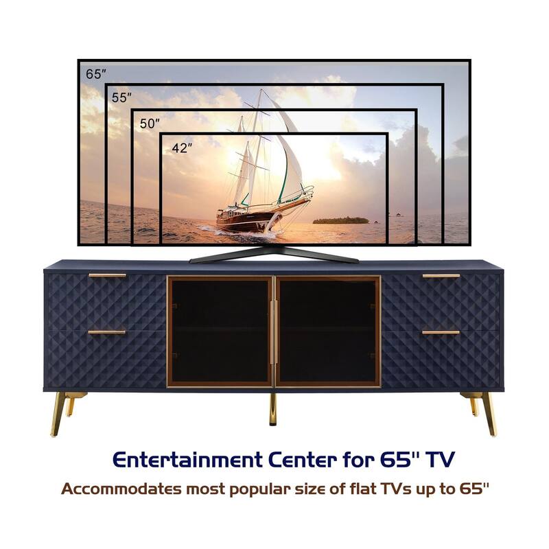 Modern TV Stand, Geometric Design TV Stand with 4 Drawers Aluminum Frame and Tempered Glass Door, for Living Rooms, Dark Blue