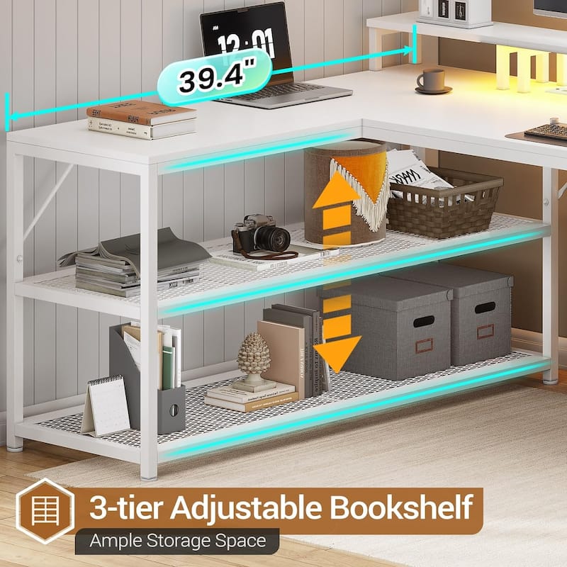 67" L Gaming Shaped Desk Storage Shelves Power Outlet 2 Drawers