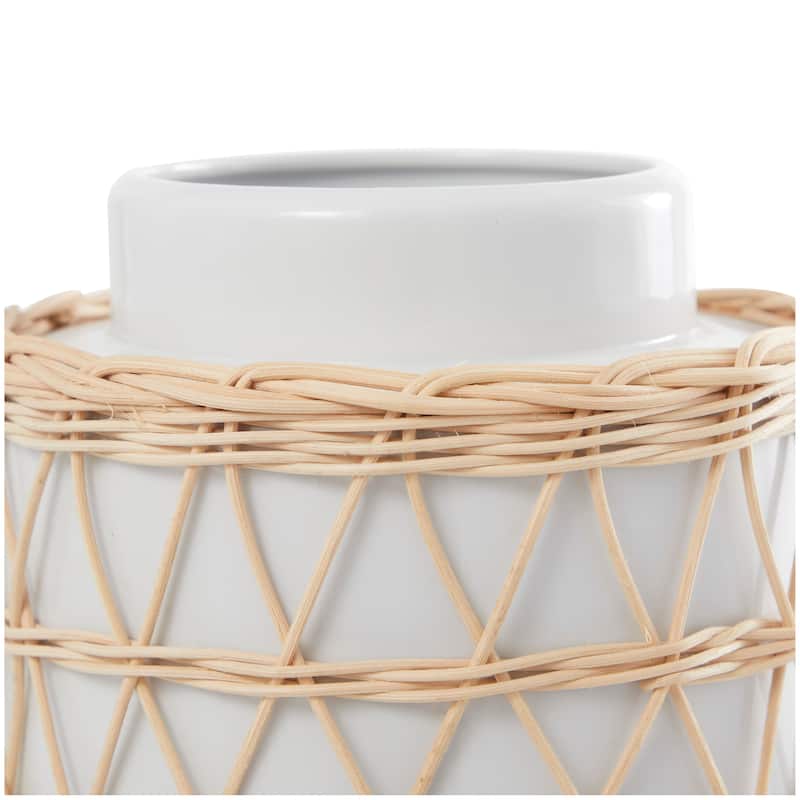 White Ceramic Handmade Decorative Vase with Woven Rattan Exterior - 8"W, 15"H