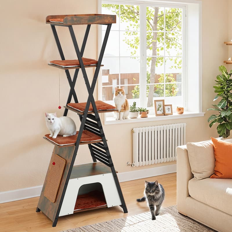 EROMMY Industrial Cat Tree Tower, Modern Cat Condo with Scratching Post and Removable Cushions - walnut