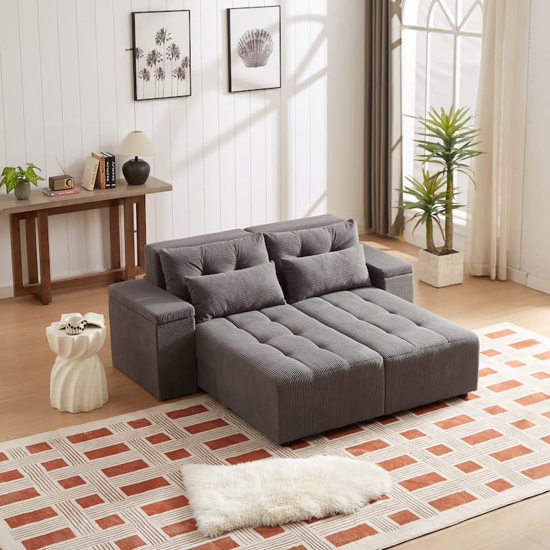 Grey 94" Corduroy 3-in-1 Convertible Sofa